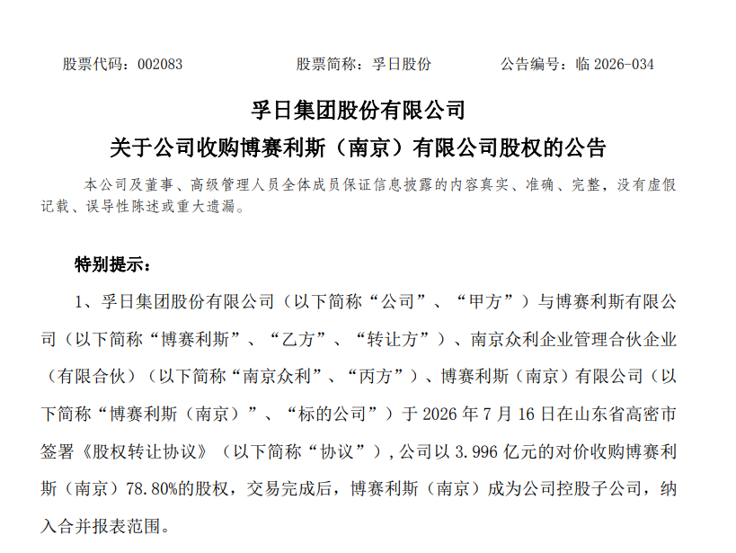 孚日股份斥资4亿押注硅碳负极，拟收购博赛利斯78.8%股权